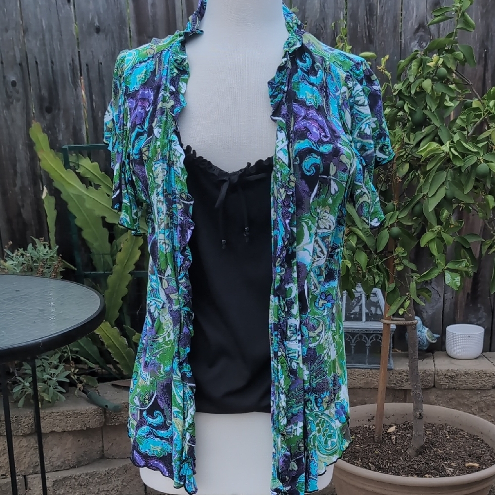 Dressbarn Blue Green Ruffled Tie Front Top